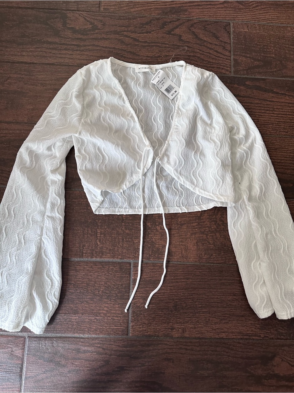 Cropped White Textured Tie-Front Blouse